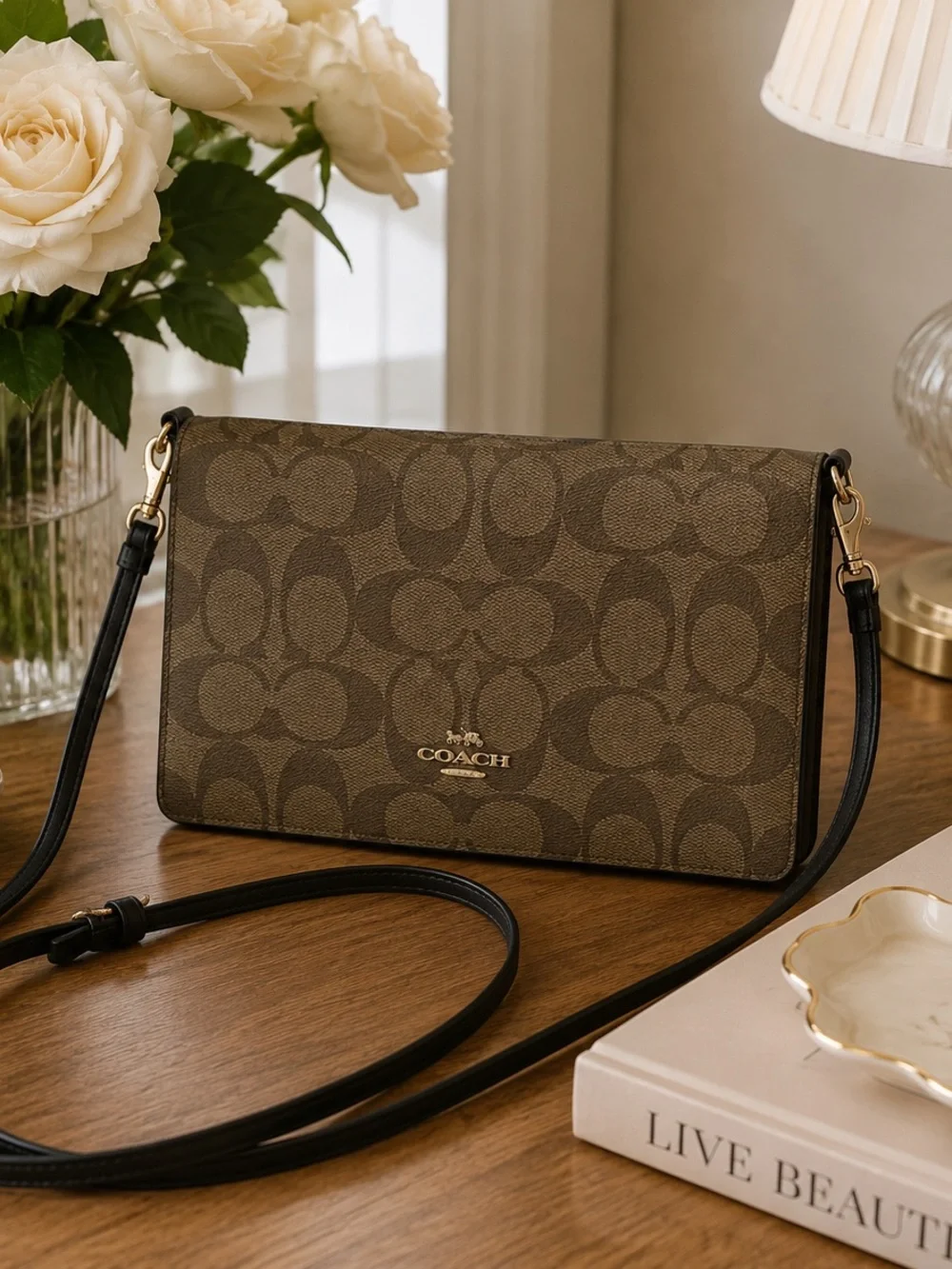 Coach Brown Signature Canvas Crossbody with Black Strap
